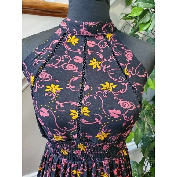 Black Floral Women's Cotton Halter Neck Pleated Sleeveless Long Maxi Dress S - Picture 2 of 15